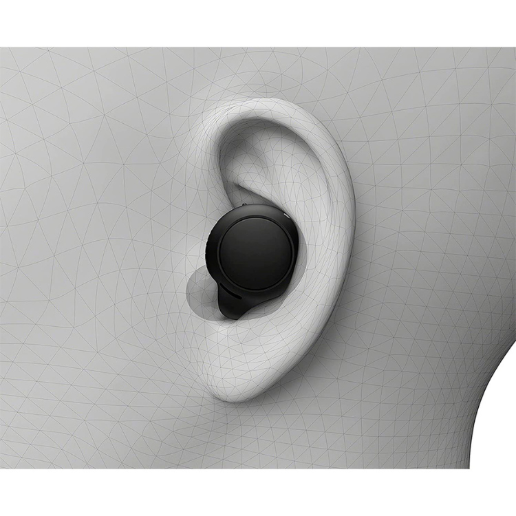 Auricular Sony WF-C500 True Wireless preto no ouvido.
