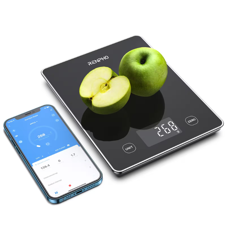 Black glass kitchen scale with RENPHO logo, displaying 268g, with green apple and smartphone app.