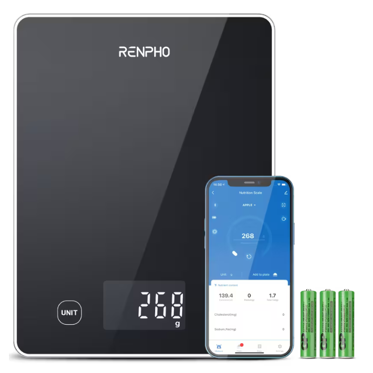 RENPHO black glass kitchen scale with digital display and smartphone app, batteries.
