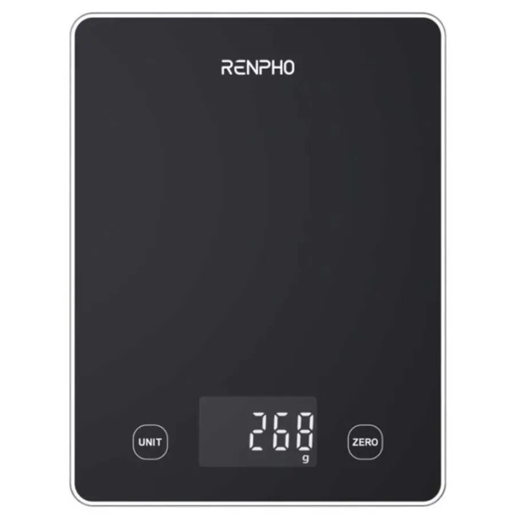 RENPHO Calibra 1L smart kitchen scale, black glass, digital display showing 268g.