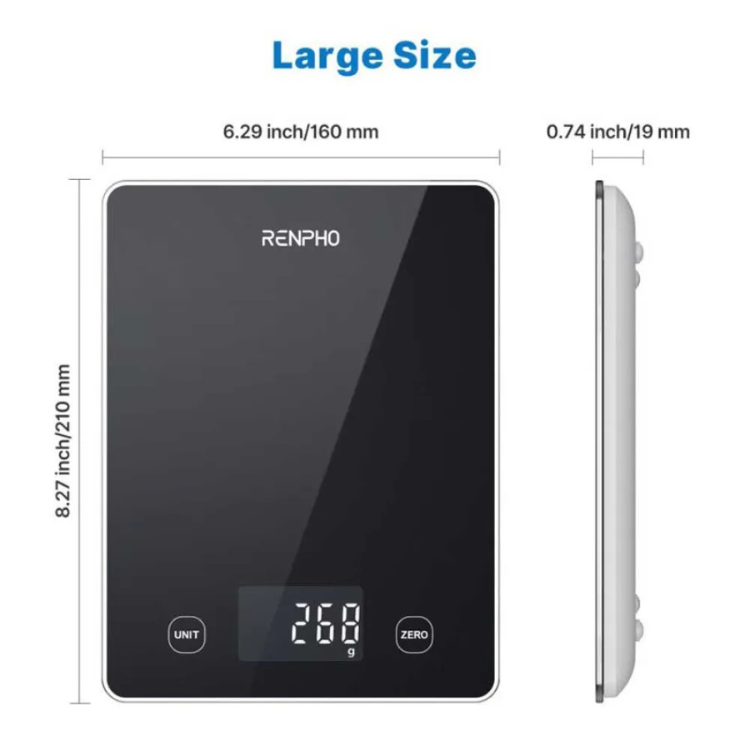 RENPHO black glass kitchen scale, digital display showing 268g, with dimensions 6.29in x 8.27in x 0.74in.
