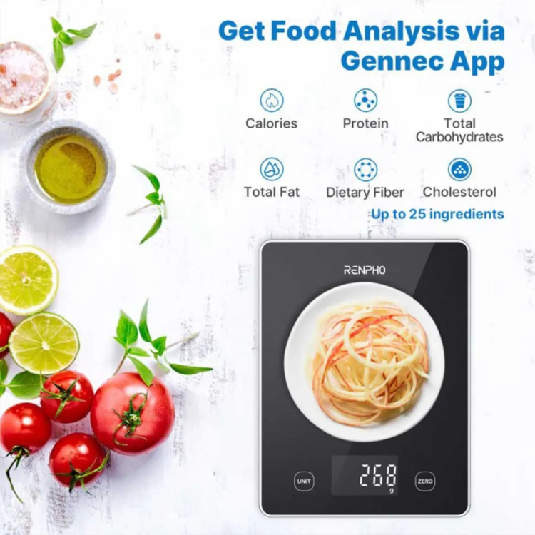 Black glass kitchen scale with white logo, displaying 268g, plate of food on screen, surrounded by tomatoes, lime, oil, and salt. RENPHO.