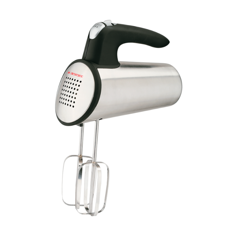 Jocel 350W electric hand mixer, silver and black with clear beaters.