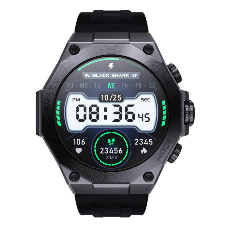 Smartwatch Black Shark S1 Pro preto, com mostrador digital e pulseira preta.