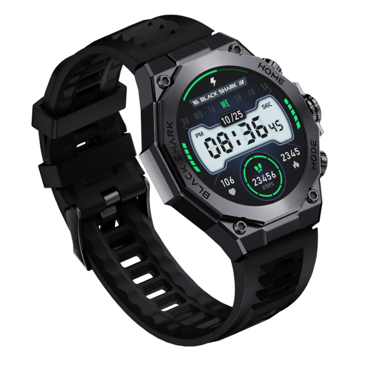 Smartwatch Black Shark S1 Pro preto com pulseira preta e mostrador digital com indicadores de tempo, batimentos cardíacos e passos.