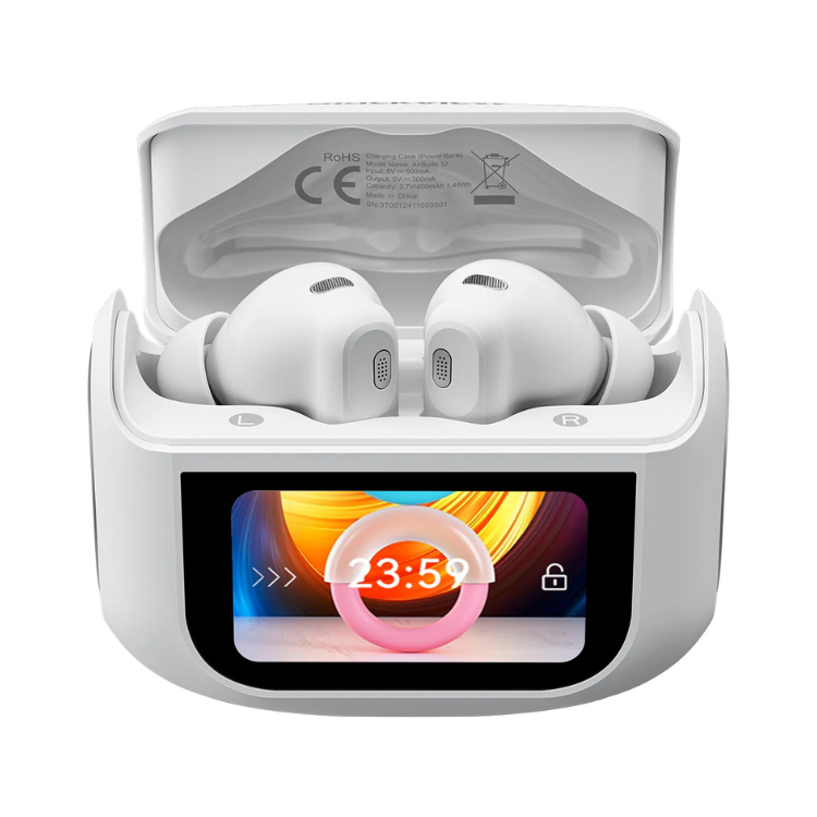 Auriculares Bluetooth Blackview Airbuds 12 ANC + DNS branco em caixa com ecrã.