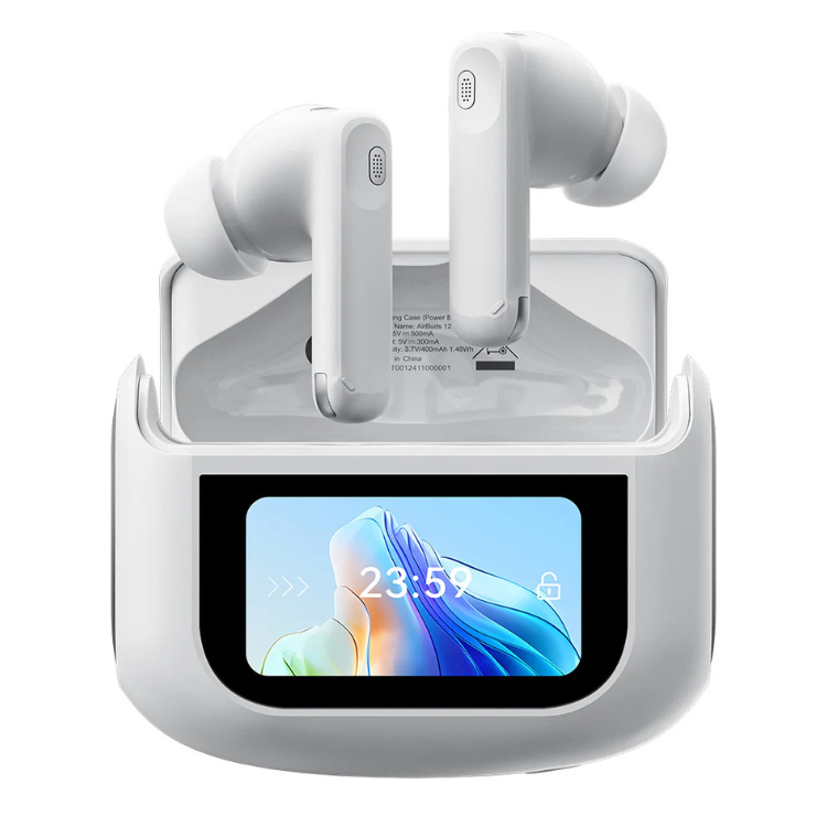 Auriculares Bluetooth Blackview Airbuds 12 ANC + DNS branco com caixa de carregamento e ecrã.