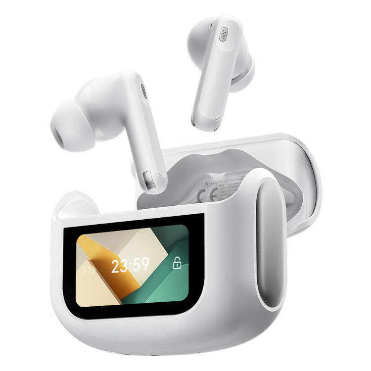 Auriculares Bluetooth Blackview Airbuds 12 ANC + DNS branco com caixa de carregamento e ecrã.