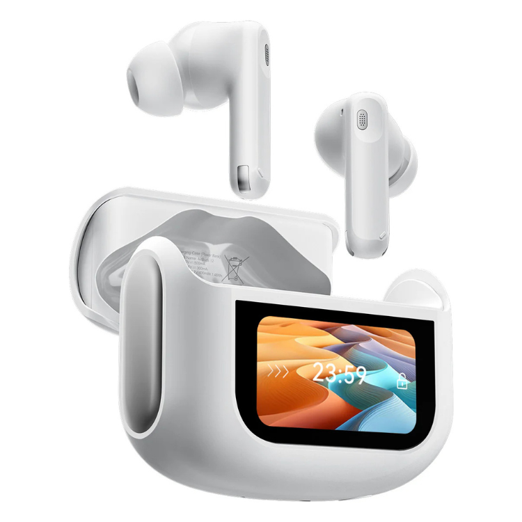 Auriculares Bluetooth Blackview Airbuds 12 ANC + DNS brancos com caixa de carregamento e ecrã.