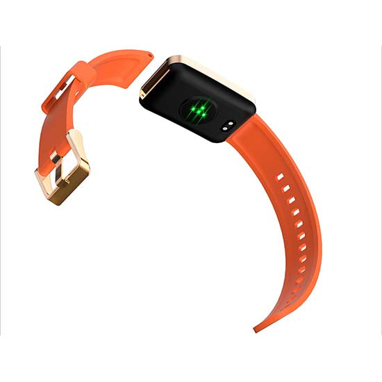 Smartwatch Blackview R5 laranja com pulseira de borracha e ecrã de 1.57 polegadas.