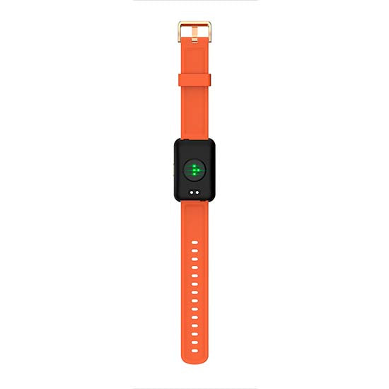 Smartwatch Blackview R5 laranja com pulseira de borracha e ecrã preto.