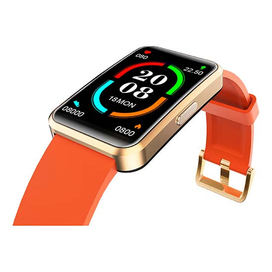 Smartwatch Blackview R5 laranja com pulseira de borracha laranja e aro dourado, ecrã de 1.57 polegadas com mostrador digital.
