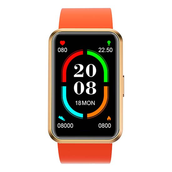 Smartwatch Blackview R5 laranja com pulseira laranja e ecrã preto, mostrando data e informações de saúde.