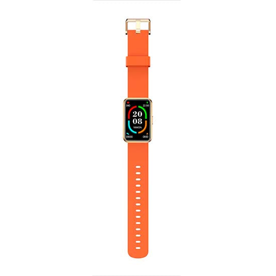 Smartwatch Blackview R5 laranja com pulseira de borracha e ecrã de 1.57 polegadas.