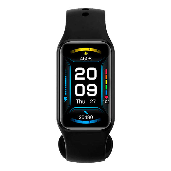 Smartwatch Blackview R1 AMOLED preto com ecrã de 1.47 polegadas e dados de saúde visíveis.