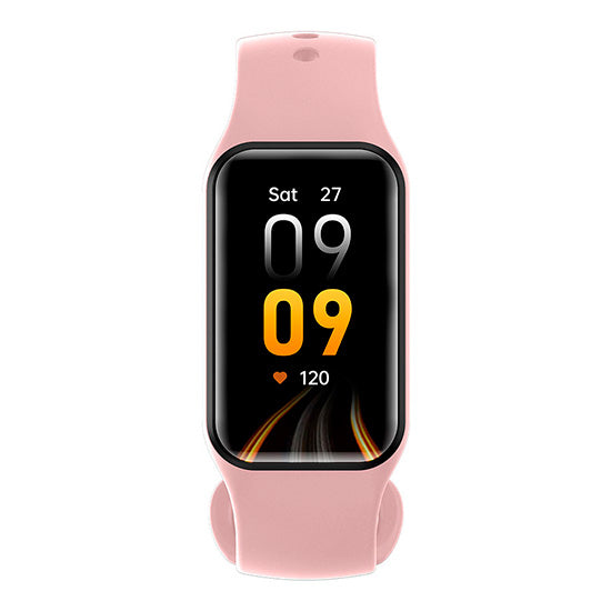 Smartwatch Blackview R1 Amoled rosa com ecrã de 1.47 polegadas e mostrador digital a preto com data e frequência cardíaca.