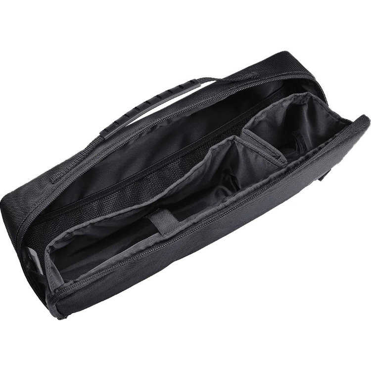 Black HORI cargo pouch for Nintendo Switch, open showing interior pockets.