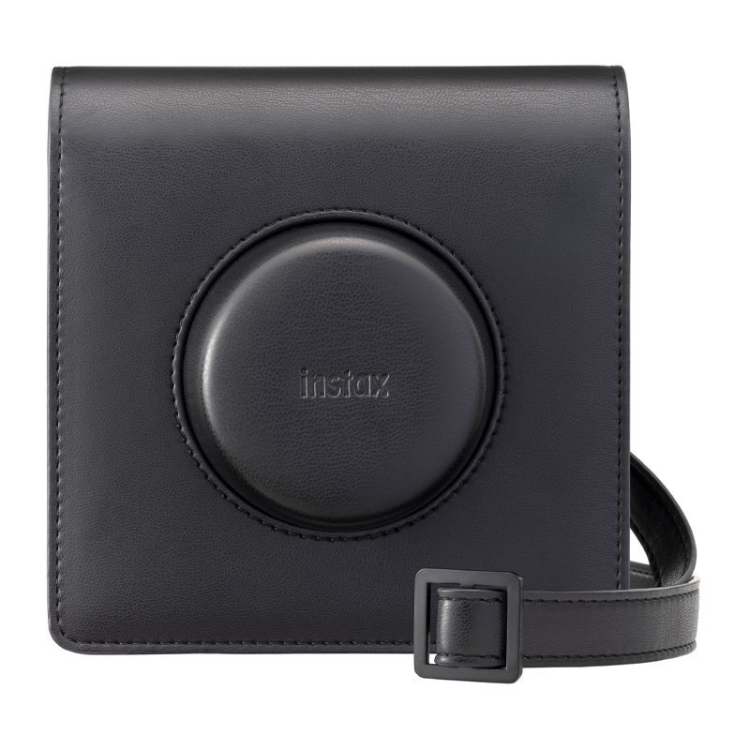 Black leather Instax Wide EVO case with strap and buckle.