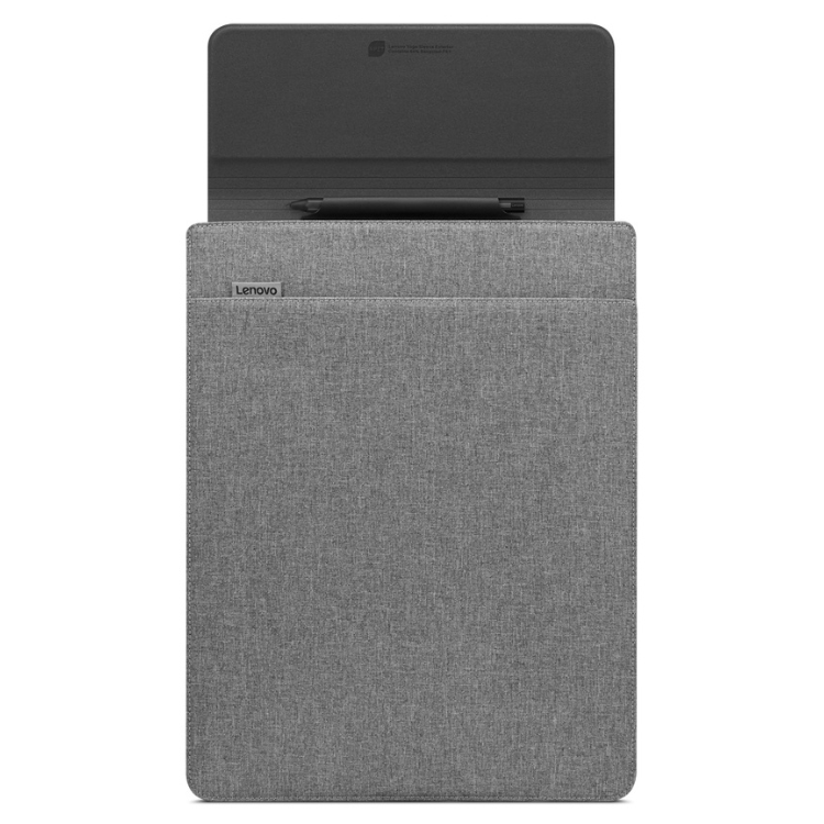 Bolsa Lenovo Yoga Sleeve 16" cinzenta com logotipo Lenovo, parcialmente aberta mostrando o interior preto.