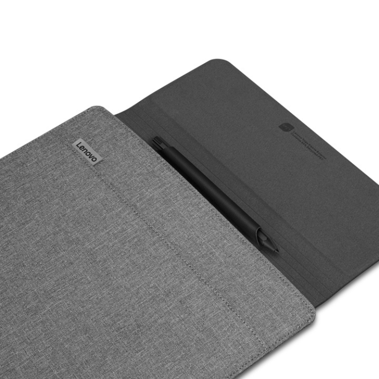 Bolsa Lenovo Yoga Sleeve 16" cinzenta com logotipo Lenovo, vista interna e externa.