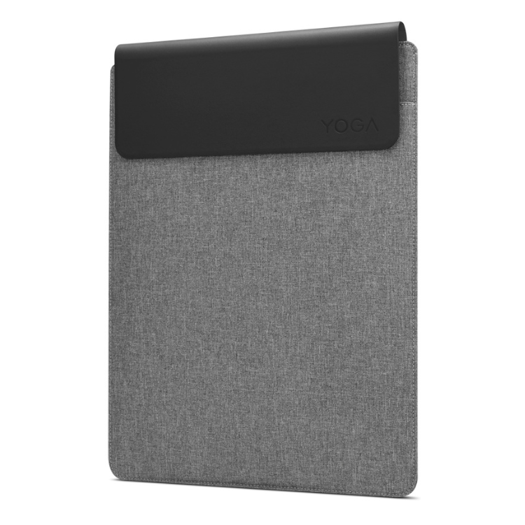 Bolsa Lenovo Yoga Sleeve 16" cinzenta com aba preta e logótipo YOGA.