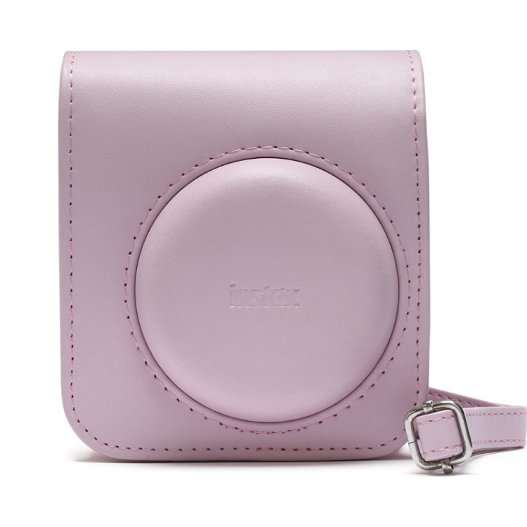 Pink leather case for Fujifilm Instax Mini 12 camera with strap.