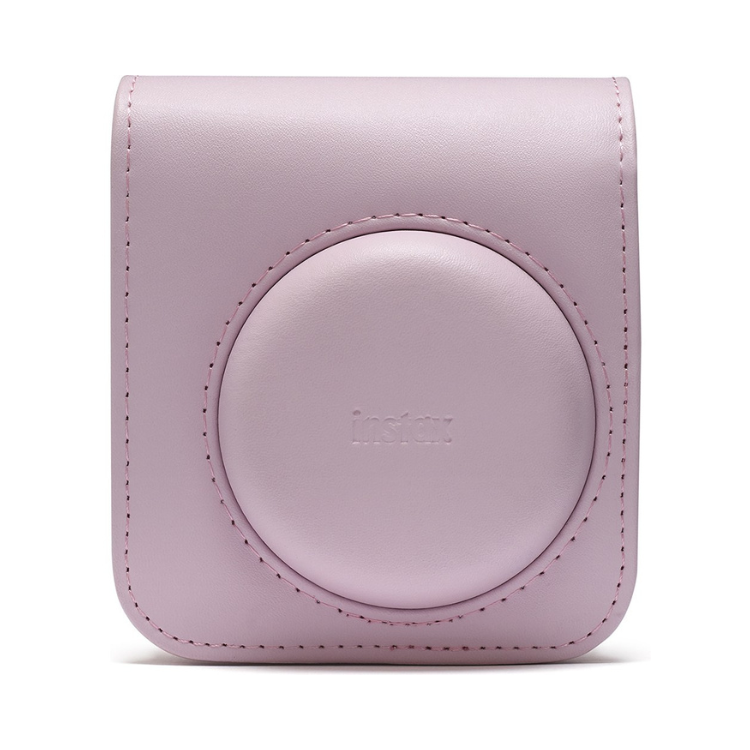 Pink leather case for Fujifilm Instax Mini 12 camera, embossed logo.