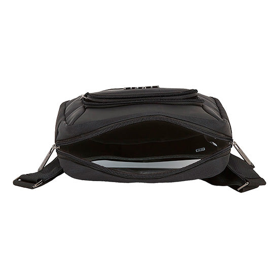 Bolsa Safta Business 10.6" preta, vista de frente com abertura frontal e alças laterais.
