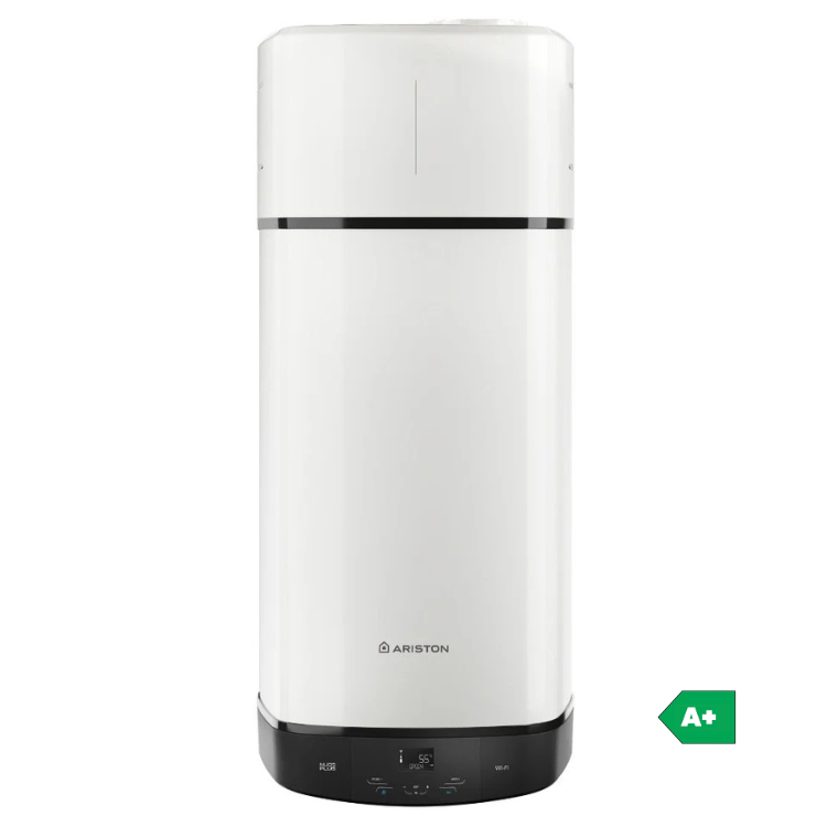 White Ariston Nuos Plus S2 water heater with black base and digital display, A+ energy efficiency rating.