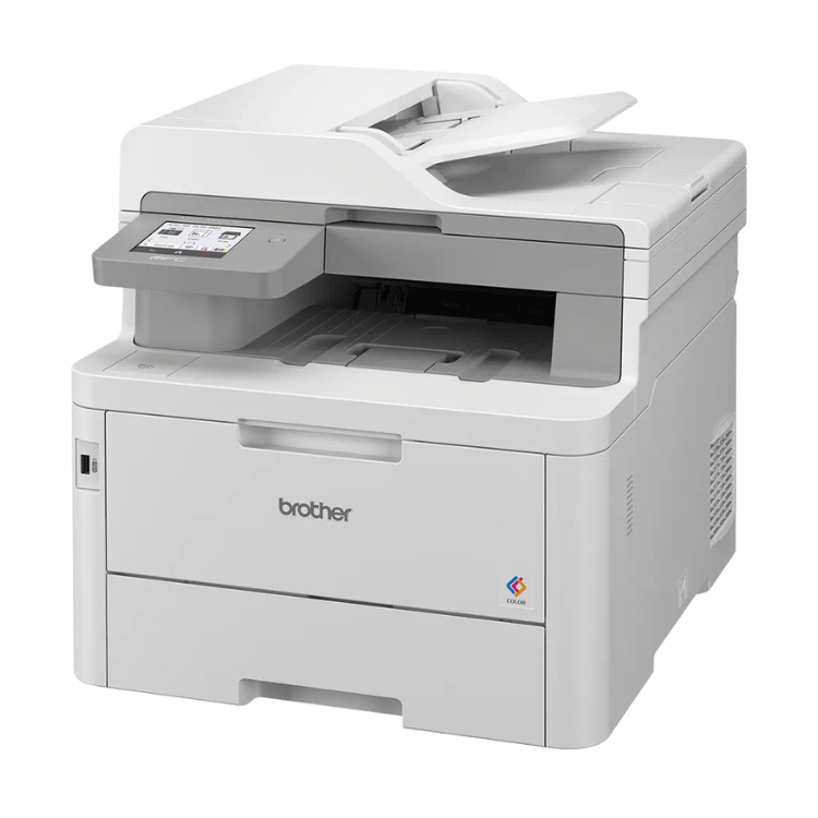 Brother MFC-L8390CDW color laser multifunction printer, white, with LCD display and open top tray.