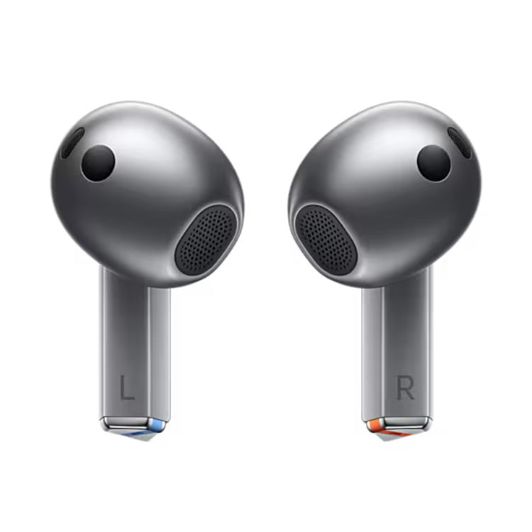 Auriculares Bluetooth Samsung Galaxy Buds 3 cinzento, dois auriculares virados para a frente.