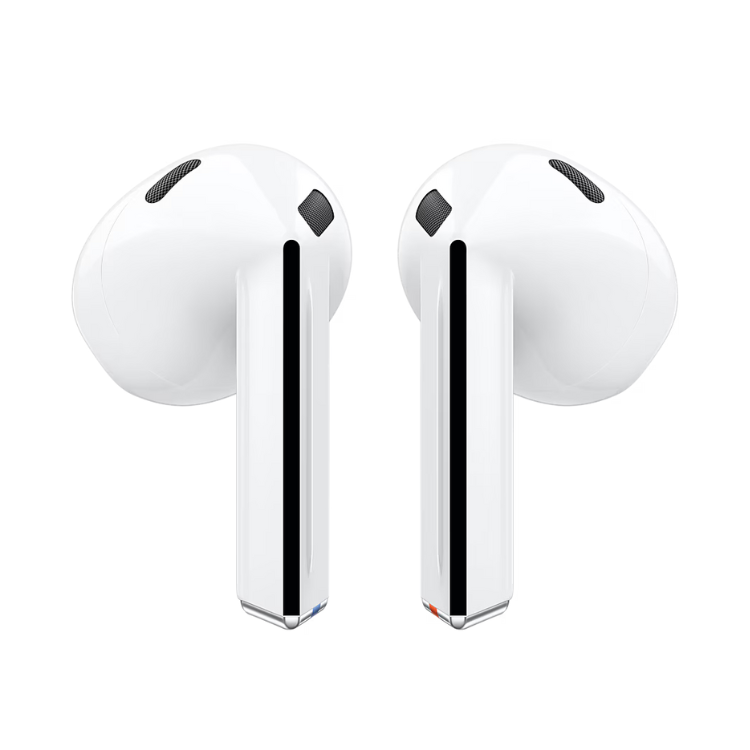 Auriculares Bluetooth Samsung Galaxy Buds 3 branco, dois fones de ouvido sem fio com corpo branco e detalhes cromados.