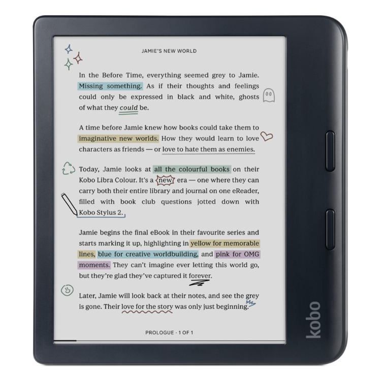 Leitor eReader Kobo Libra Colour 7 polegadas 32GB Wi-Fi preto com caneta stylus.