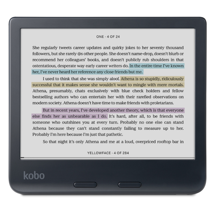 Leitor de eBooks Kobo Libra Colour 7 polegadas 32GB Wi-Fi preto a exibir uma página de um livro.