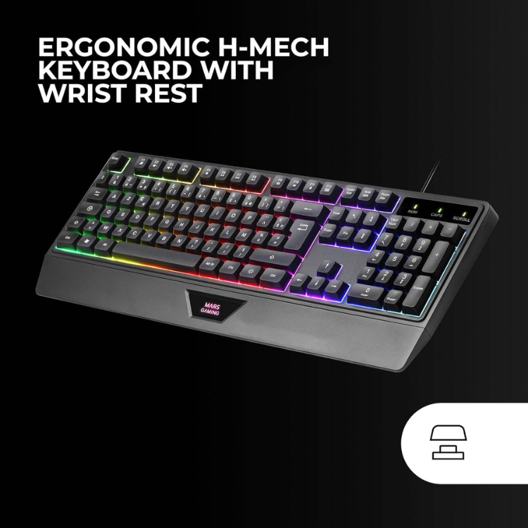 Mars Gaming black keyboard with wrist rest, RGB colorful backlight, grey keys.