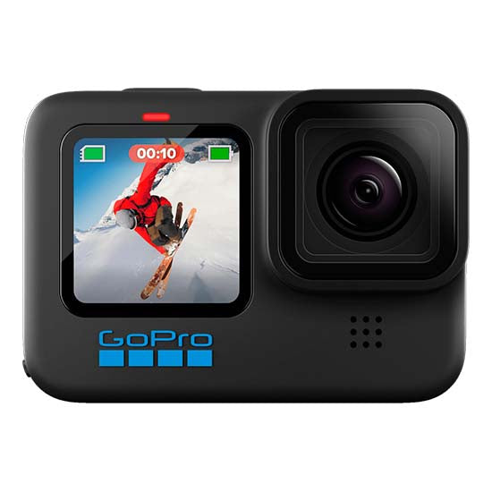 Black GoPro Hero 10 action camera with LCD screen showing skier.