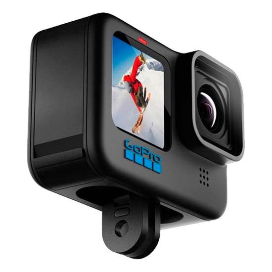 Black GoPro Hero 10 action camera with screen displaying skier.
