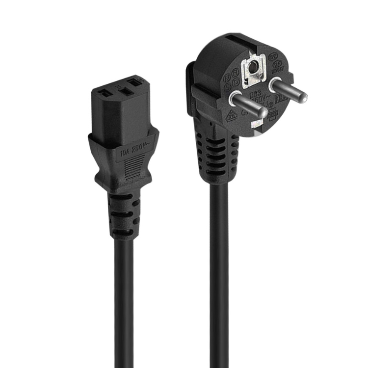 Black Ewent power cord, 1.8m, Schuko plug to IEC C13 socket, angled 90 degrees.