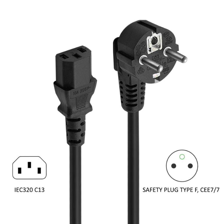 Black Ewent power cord, 1.8m, Schuko plug to IEC C13, angled 90°.