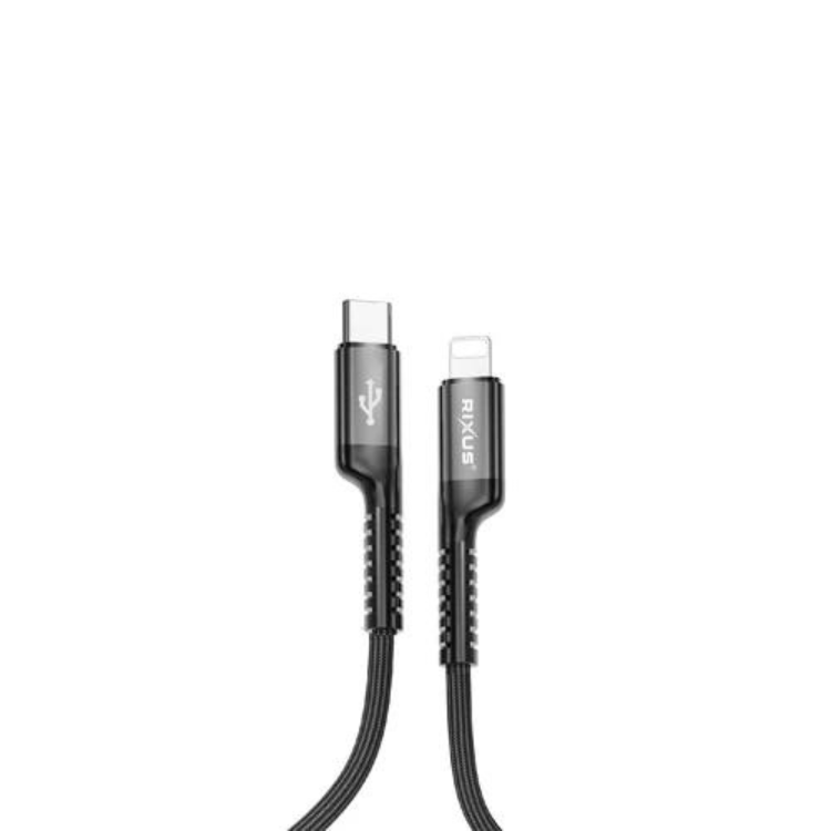 Cabo Rixus retrátil preto com conector USB-C e Lightning.