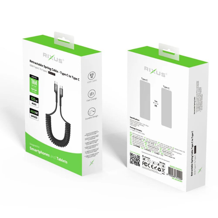 Cabo Rixus Retrátil Tipo-C para Tipo-C preto, 1m, 60W, para carregamento e transferência de dados.