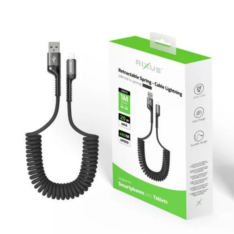Cabo Rixus Retractable Spring USB-A para Lightning preto, com 1m, para smartphones e tablets.