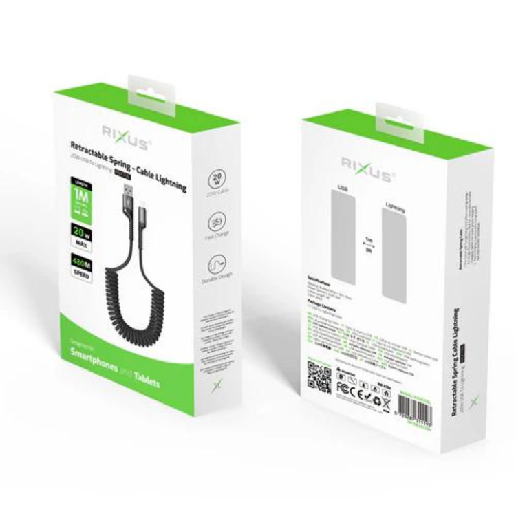 Cabo Rixus Retrátil USB-A para Lightning preto, embalagem com informações de produto.