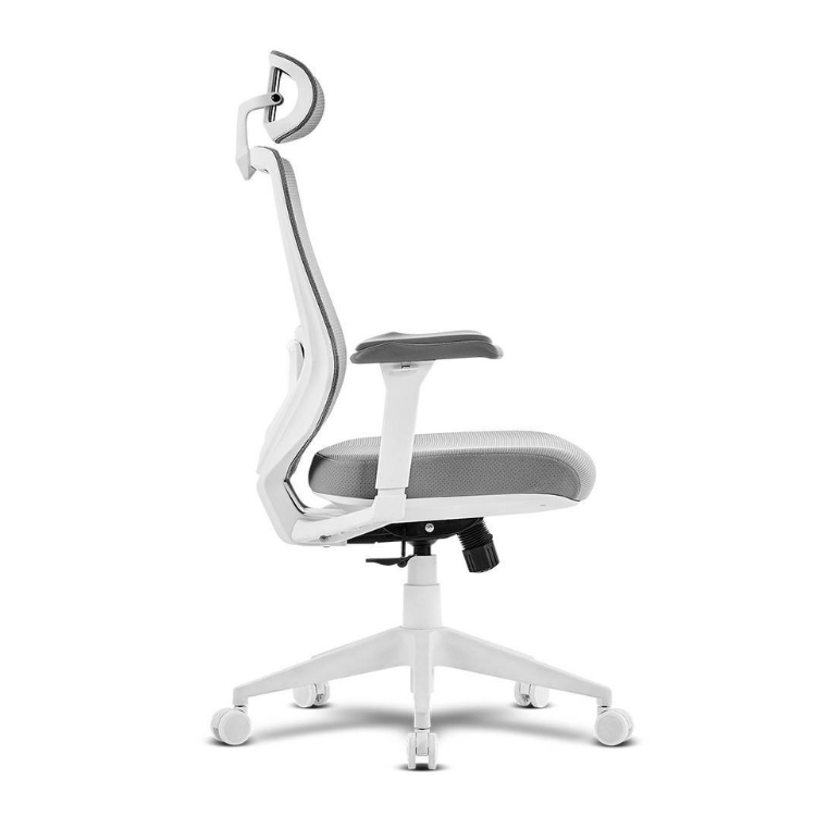 White and grey ergonomic office chair with adjustable headrest and armrest.