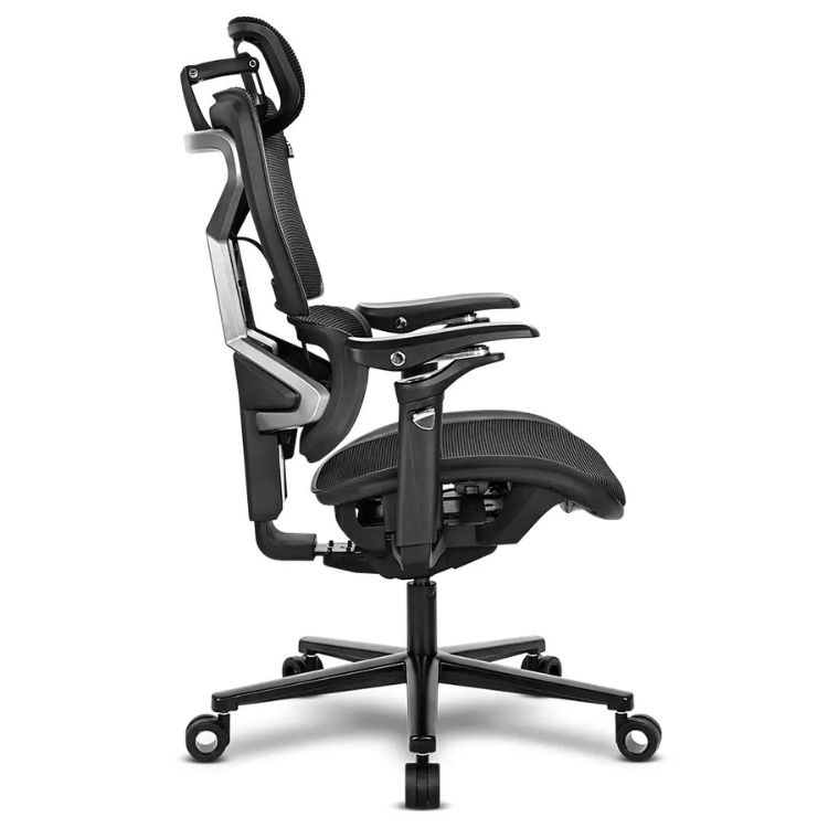 Black ergonomic gaming chair with adjustable armrests and headrest, mesh seat and backrest, on five wheels.