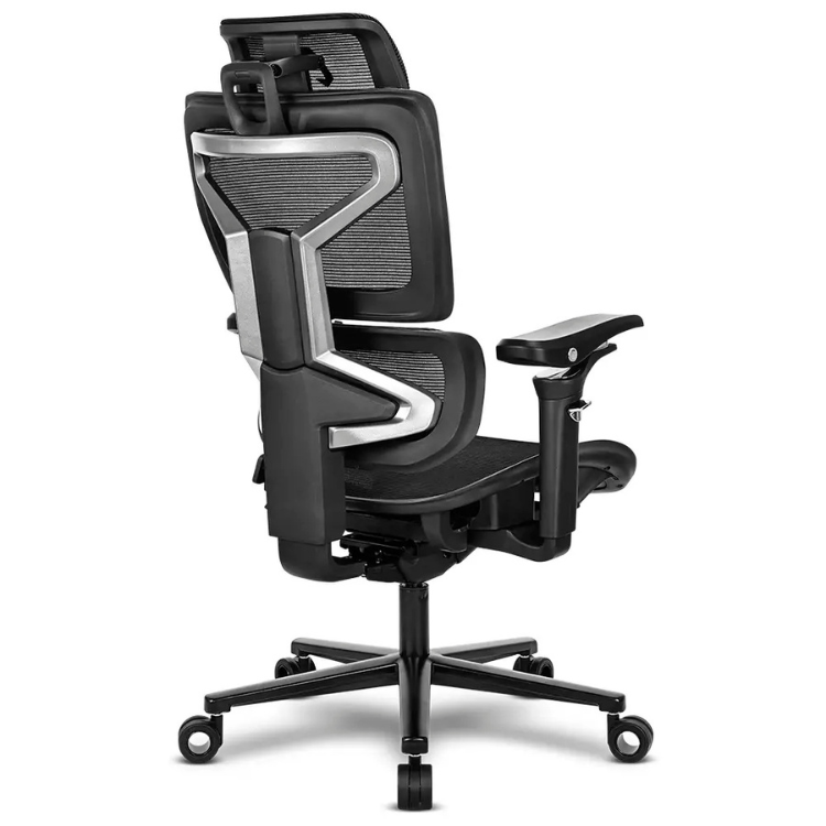 Black ergonomic gaming chair with silver accents, adjustable armrest, and mesh backrest on five caster wheels.