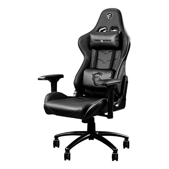 Black gaming chair, MSI MAG CH120, with dragon logo, adjustable armrest, and five caster wheels.