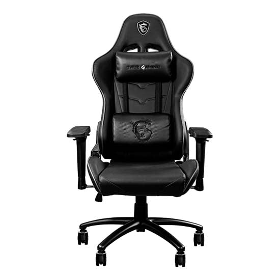 Black gaming chair, MSI MAG CH120, with ergonomic design and dragon logo on headrest and lumbar support.