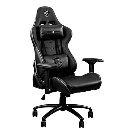 Black gaming chair, MSI MAG CH120, with ergonomic design, adjustable armrest, and wheels.