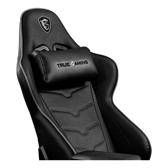Black gaming chair, MSI MAG CH120, with "TRUE GAMING" text on headrest.